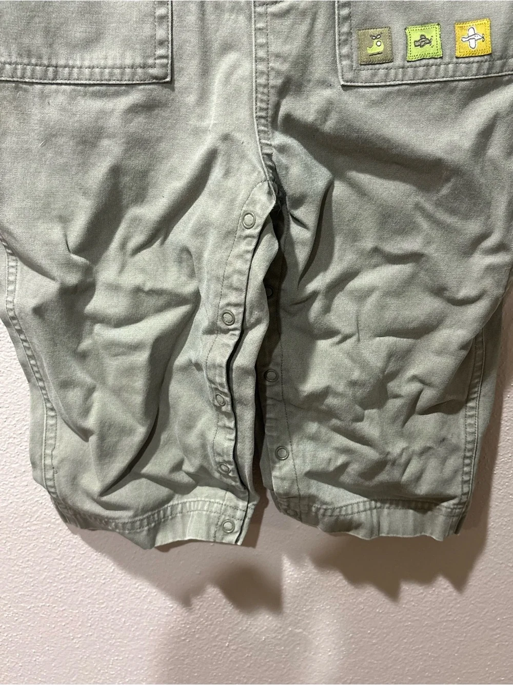 Gymboree Army green overalls with transportation patches